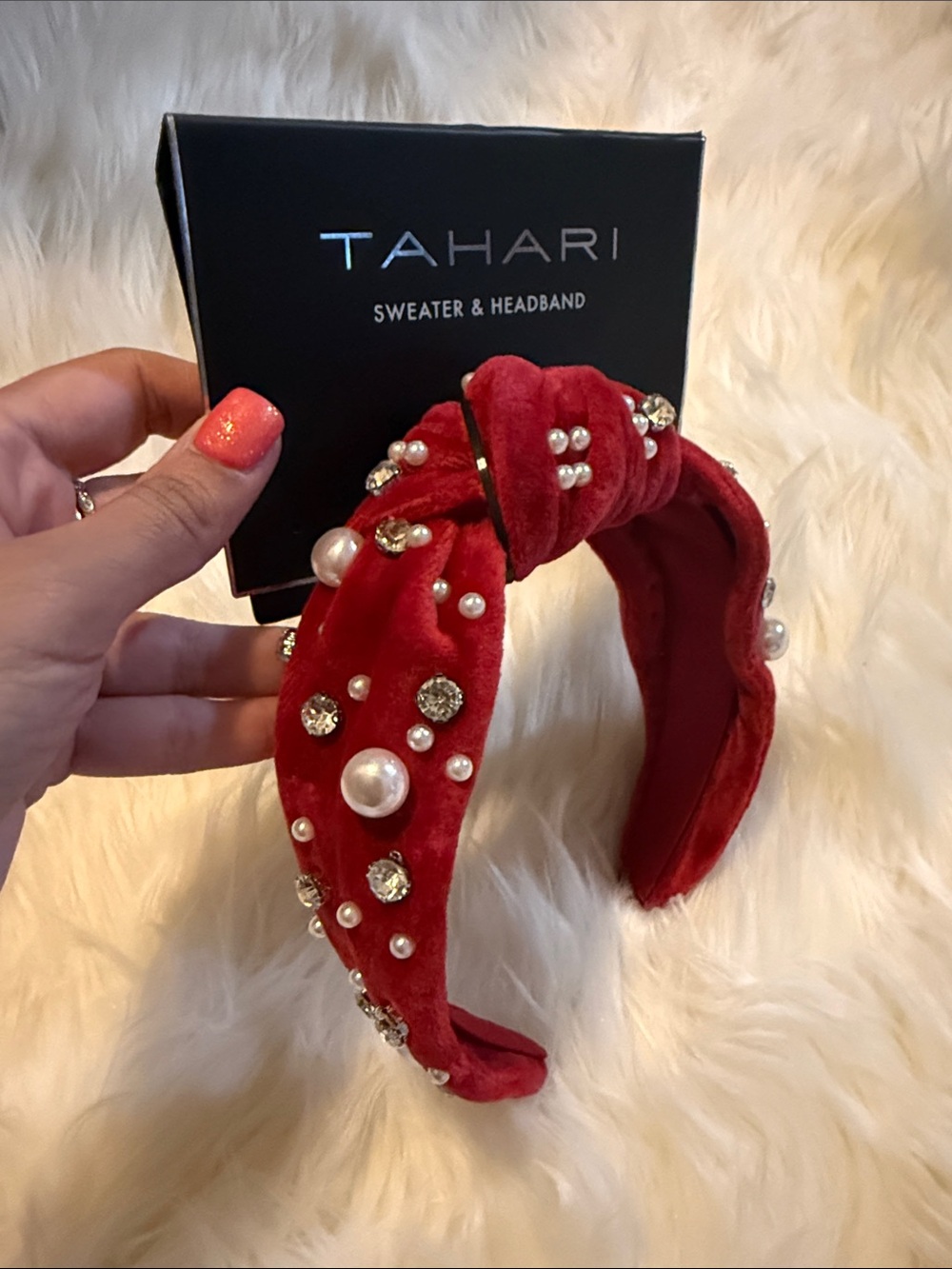 Tahari Red Velvet Knotted Headband with Pearls & Crystal Embellishments
